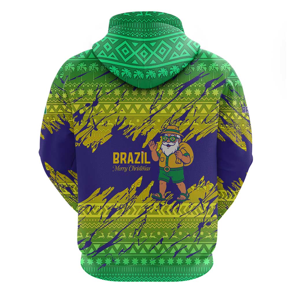 Brazil Christmas Hoodie with Tropical Santa Tribal Pattern National Colors and Merry Christmas Text Design - Wonder Print Shop