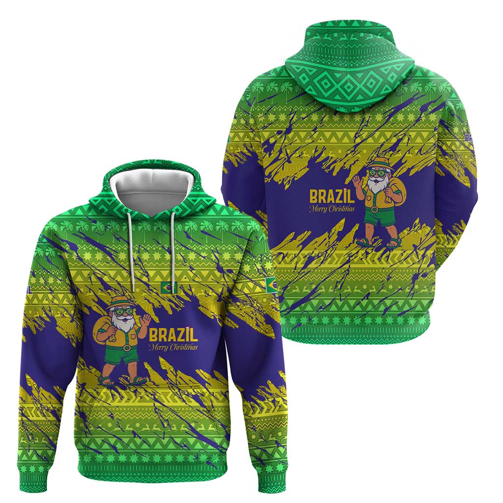 Brazil Christmas Hoodie with Tropical Santa Tribal Pattern National Colors and Merry Christmas Text Design - Wonder Print Shop