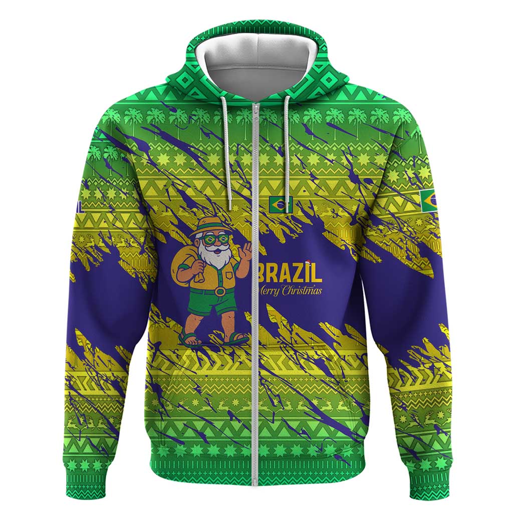 Brazil Christmas Hoodie with Tropical Santa Tribal Pattern National Colors and Merry Christmas Text Design - Wonder Print Shop