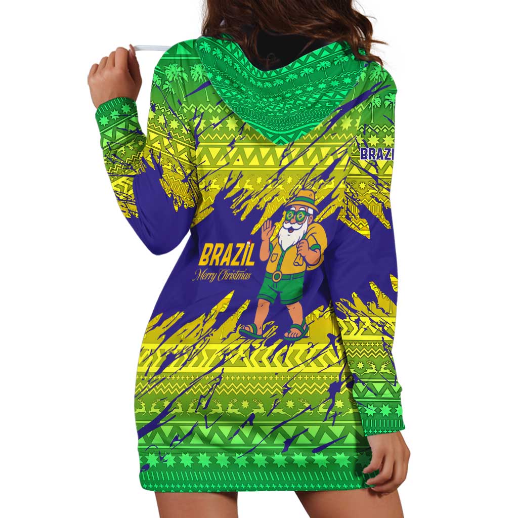 Brazil Christmas Hoodie Dress with Tropical Santa Tribal Pattern National Colors and Merry Christmas Text Design - Wonder Print Shop