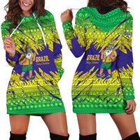 Brazil Christmas Hoodie Dress with Tropical Santa Tribal Pattern National Colors and Merry Christmas Text Design - Wonder Print Shop