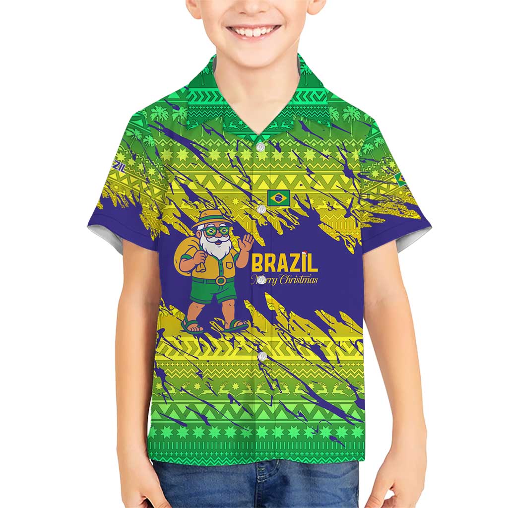 Brazil Christmas Kid Hawaiian Shirt with Tropical Santa Tribal Pattern National Colors and Merry Christmas Text Design - Wonder Print Shop