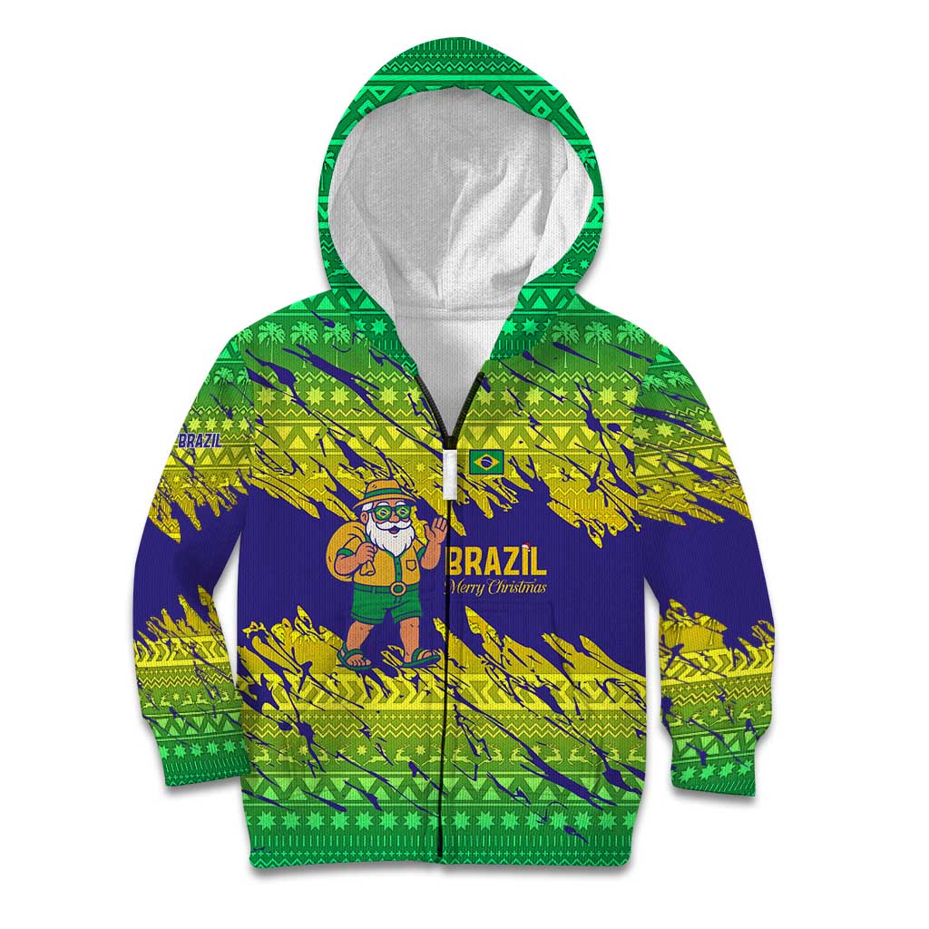 Brazil Christmas Kid Hoodie with Tropical Santa Tribal Pattern National Colors and Merry Christmas Text Design - Wonder Print Shop