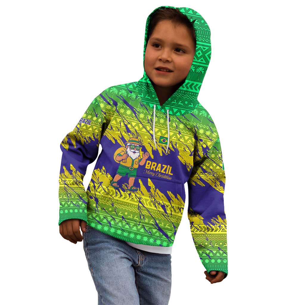Brazil Christmas Kid Hoodie with Tropical Santa Tribal Pattern National Colors and Merry Christmas Text Design - Wonder Print Shop