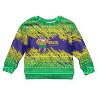 Brazil Christmas Kid Ugly Christmas Sweater with Tropical Santa Tribal Pattern National Colors and Merry Christmas Text Design - Wonder Print Shop