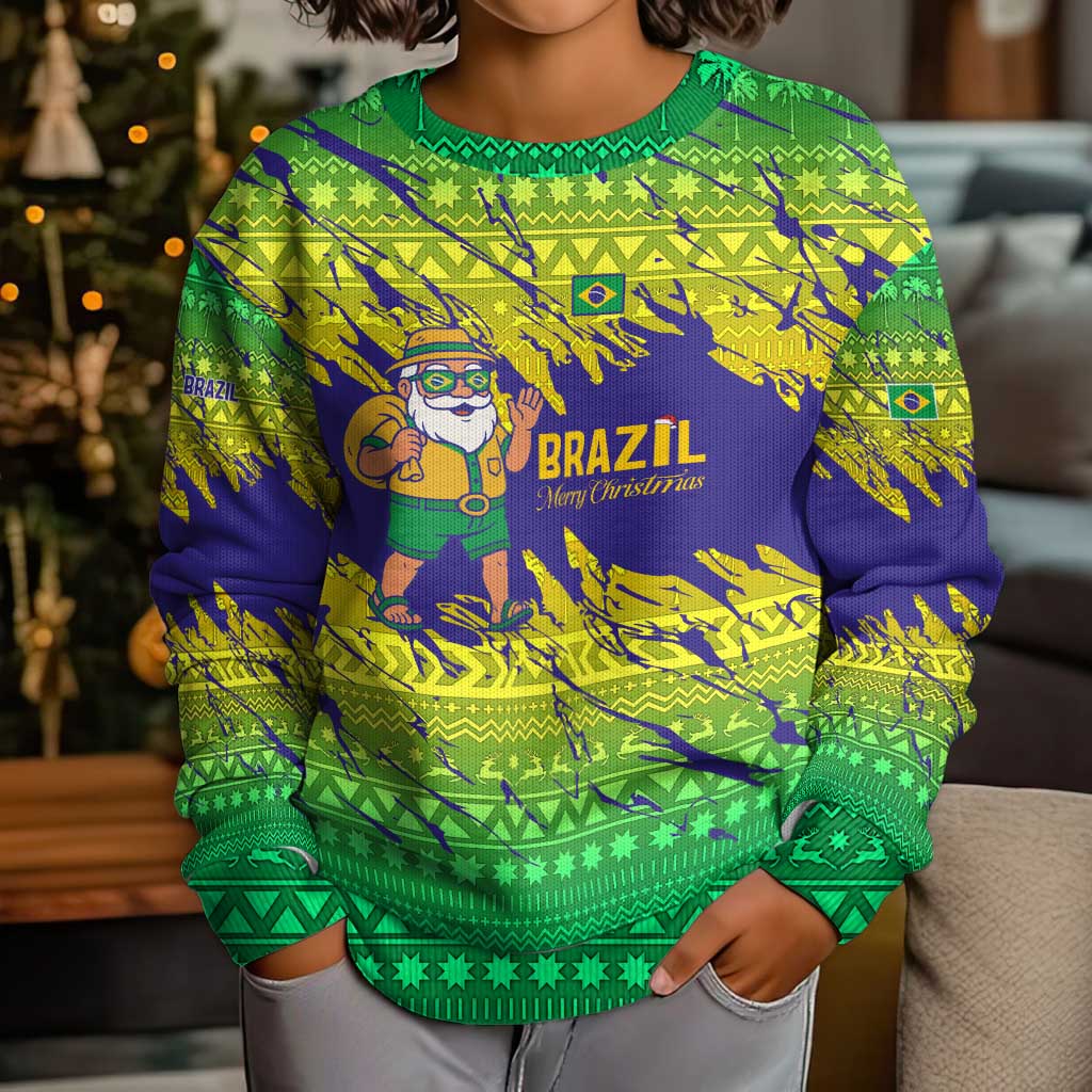 Brazil Christmas Kid Ugly Christmas Sweater with Tropical Santa Tribal Pattern National Colors and Merry Christmas Text Design - Wonder Print Shop