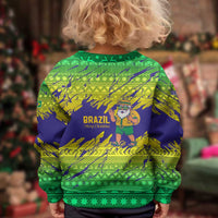 Brazil Christmas Kid Ugly Christmas Sweater with Tropical Santa Tribal Pattern National Colors and Merry Christmas Text Design - Wonder Print Shop