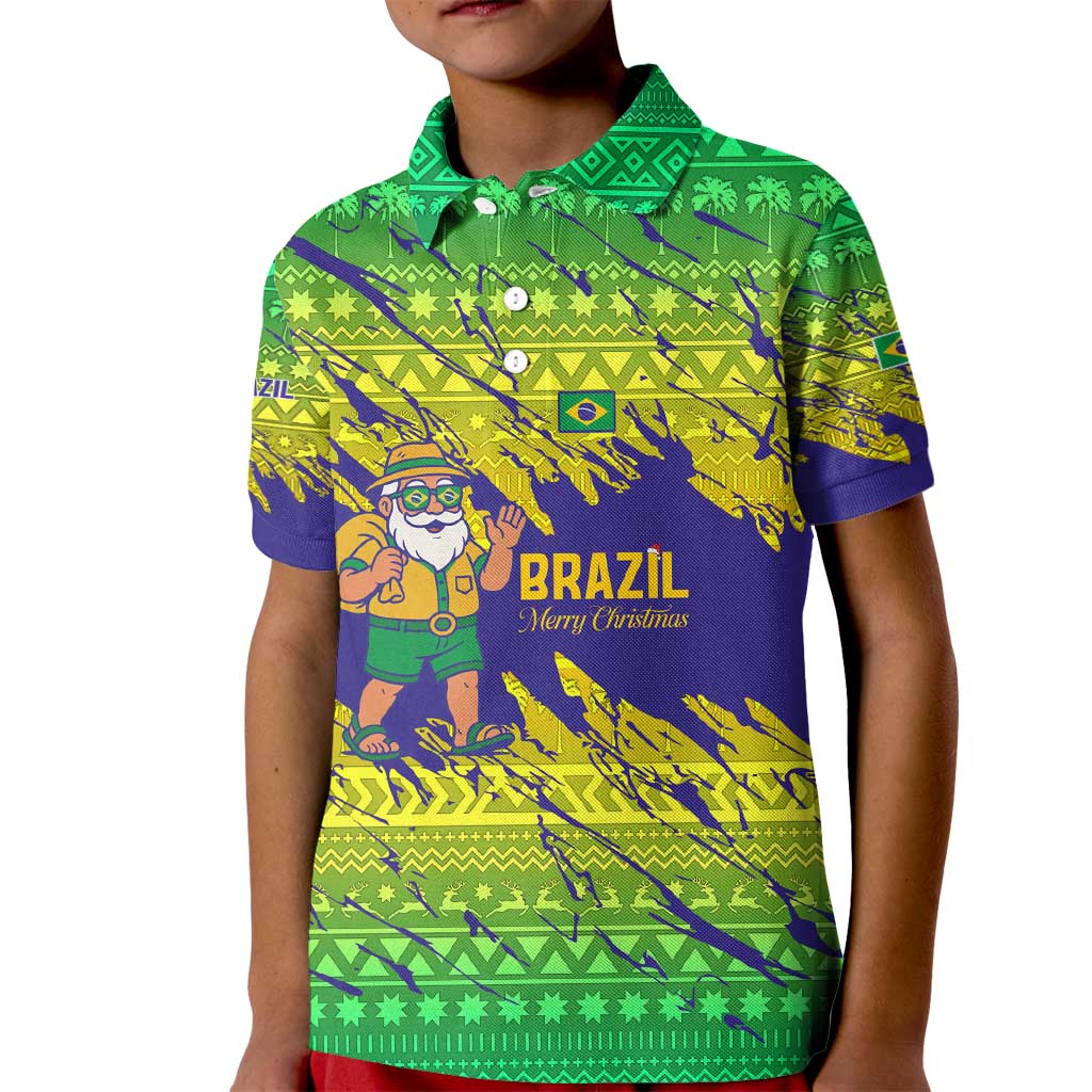 Brazil Christmas Kid Polo Shirt with Tropical Santa Tribal Pattern National Colors and Merry Christmas Text Design - Wonder Print Shop