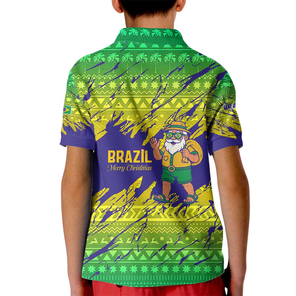 Brazil Christmas Kid Polo Shirt with Tropical Santa Tribal Pattern National Colors and Merry Christmas Text Design - Wonder Print Shop
