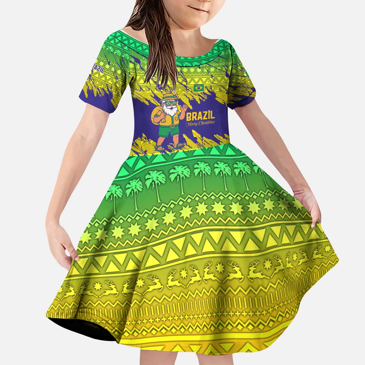 Brazil Christmas Kid Short Sleeve Dress with Tropical Santa Tribal Pattern National Colors and Merry Christmas Text Design - Wonder Print Shop