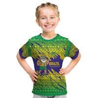 Brazil Christmas Kid T Shirt with Tropical Santa Tribal Pattern National Colors and Merry Christmas Text Design - Wonder Print Shop