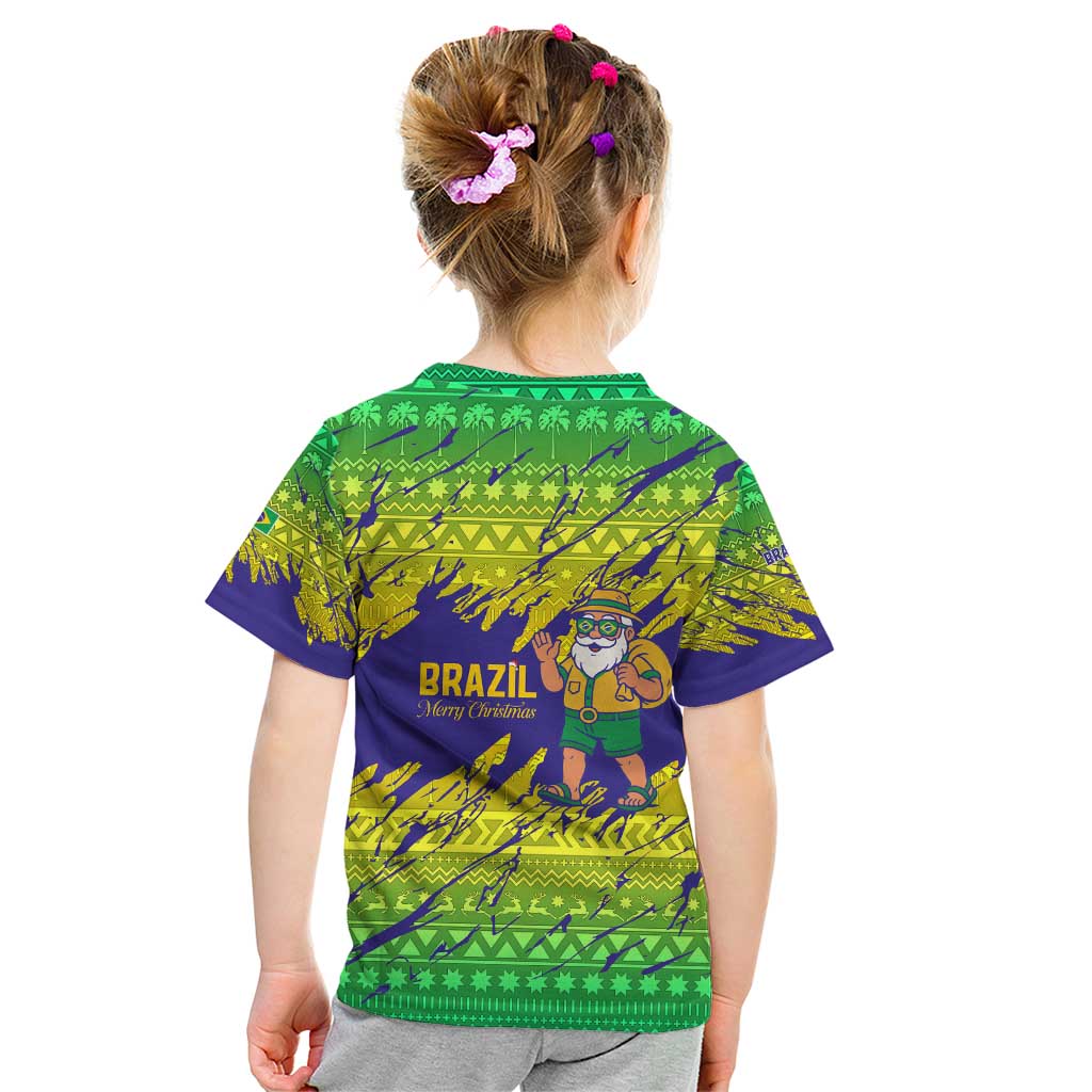 Brazil Christmas Kid T Shirt with Tropical Santa Tribal Pattern National Colors and Merry Christmas Text Design - Wonder Print Shop