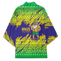 Brazil Christmas Kimono with Tropical Santa Tribal Pattern National Colors and Merry Christmas Text Design - Wonder Print Shop
