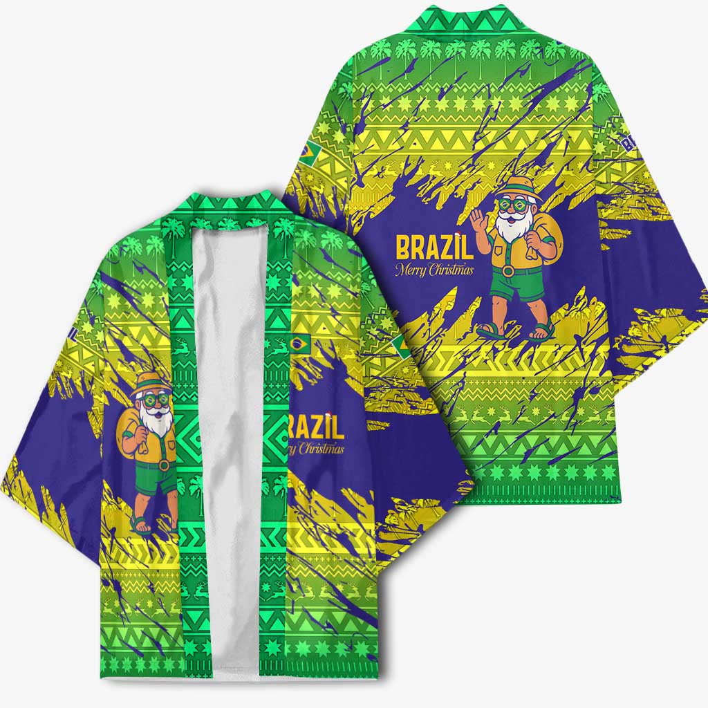 Brazil Christmas Kimono with Tropical Santa Tribal Pattern National Colors and Merry Christmas Text Design - Wonder Print Shop