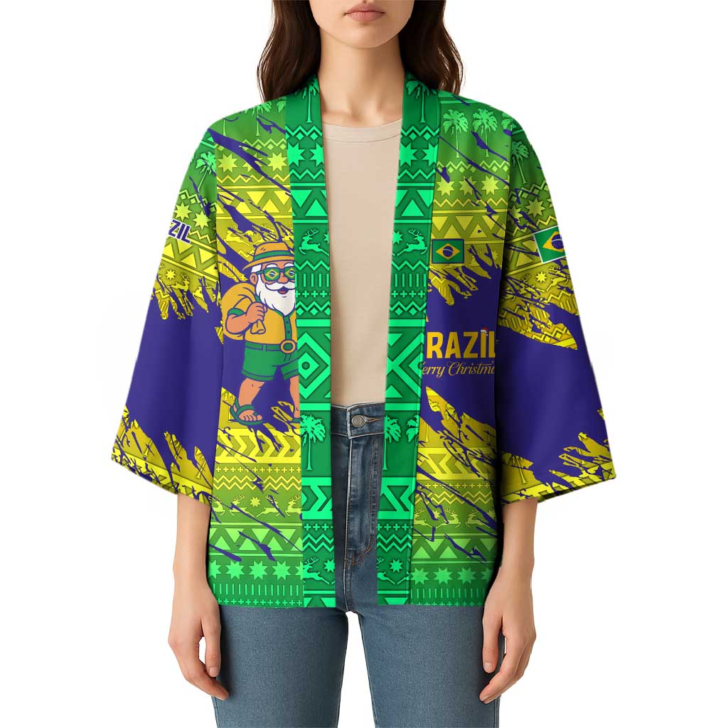 Brazil Christmas Kimono with Tropical Santa Tribal Pattern National Colors and Merry Christmas Text Design - Wonder Print Shop