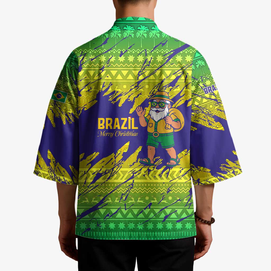 Brazil Christmas Kimono with Tropical Santa Tribal Pattern National Colors and Merry Christmas Text Design - Wonder Print Shop