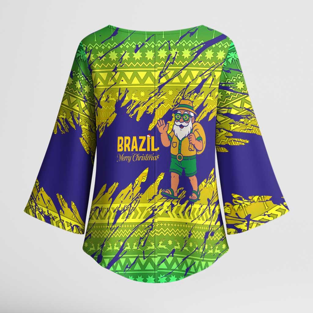 Brazil Christmas Kimono Sleeve Blouse with Tropical Santa Tribal Pattern National Colors and Merry Christmas Text Design - Wonder Print Shop