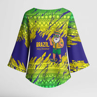 Brazil Christmas Kimono Sleeve Blouse with Tropical Santa Tribal Pattern National Colors and Merry Christmas Text Design - Wonder Print Shop
