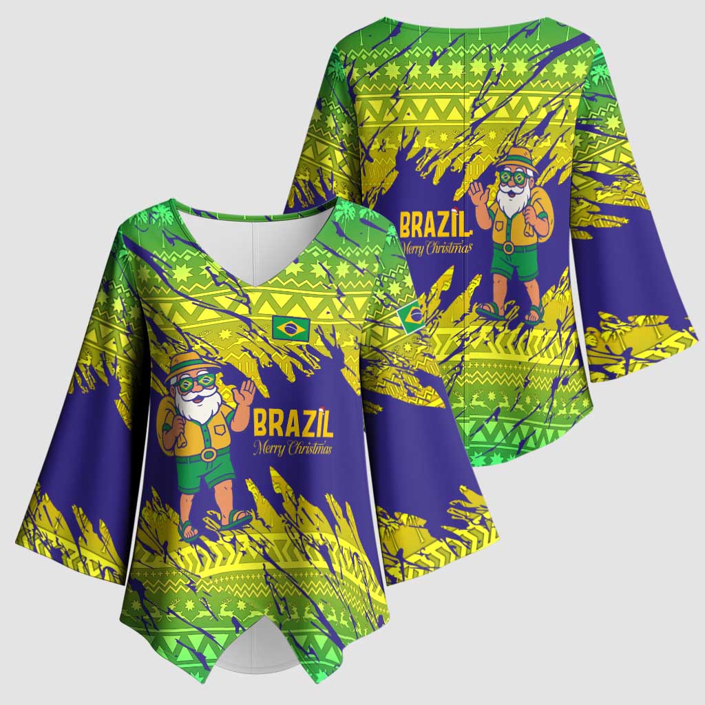 Brazil Christmas Kimono Sleeve Blouse with Tropical Santa Tribal Pattern National Colors and Merry Christmas Text Design - Wonder Print Shop