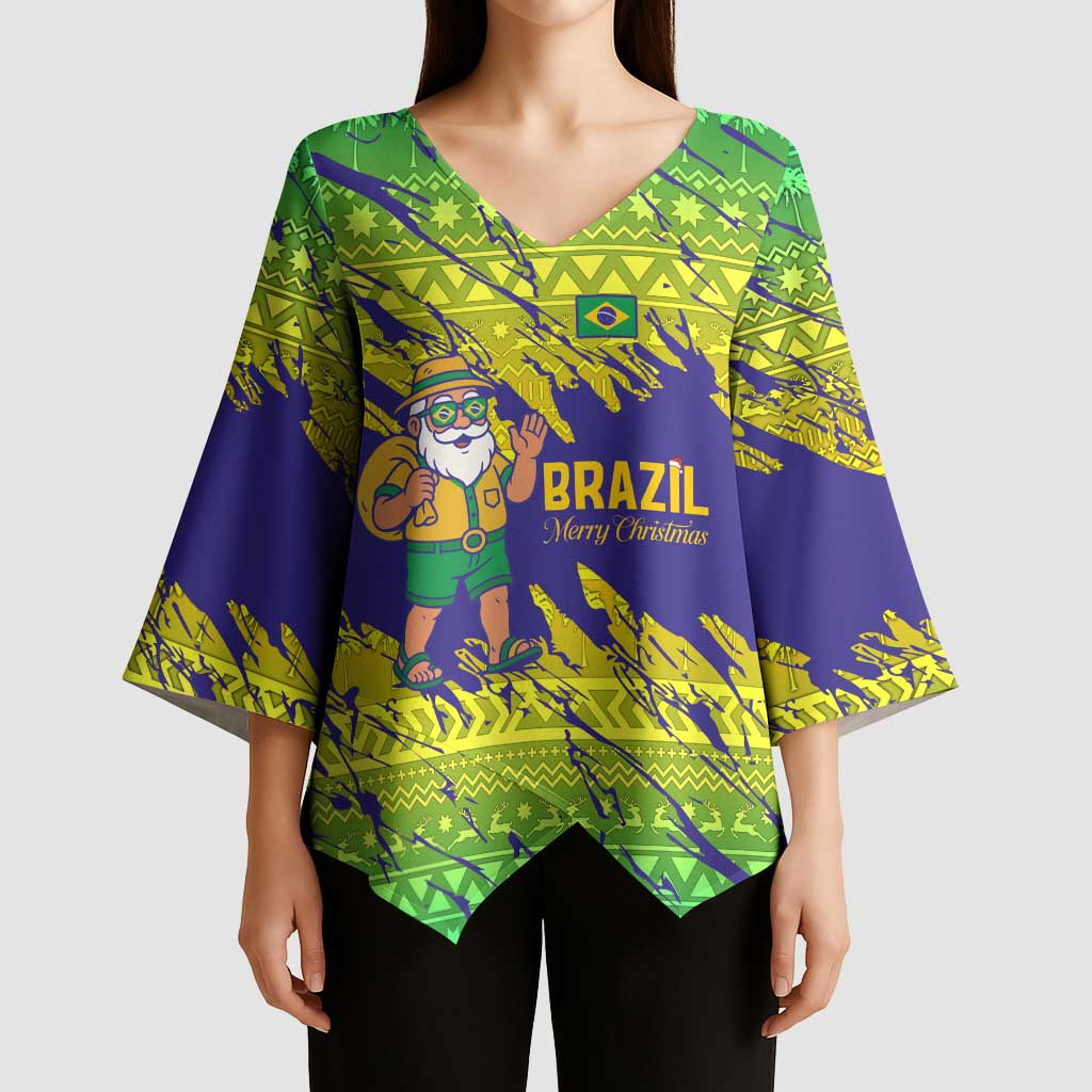 Brazil Christmas Kimono Sleeve Blouse with Tropical Santa Tribal Pattern National Colors and Merry Christmas Text Design - Wonder Print Shop