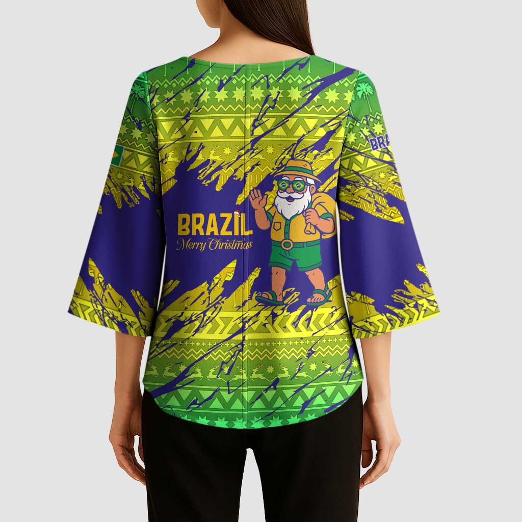 Brazil Christmas Kimono Sleeve Blouse with Tropical Santa Tribal Pattern National Colors and Merry Christmas Text Design - Wonder Print Shop