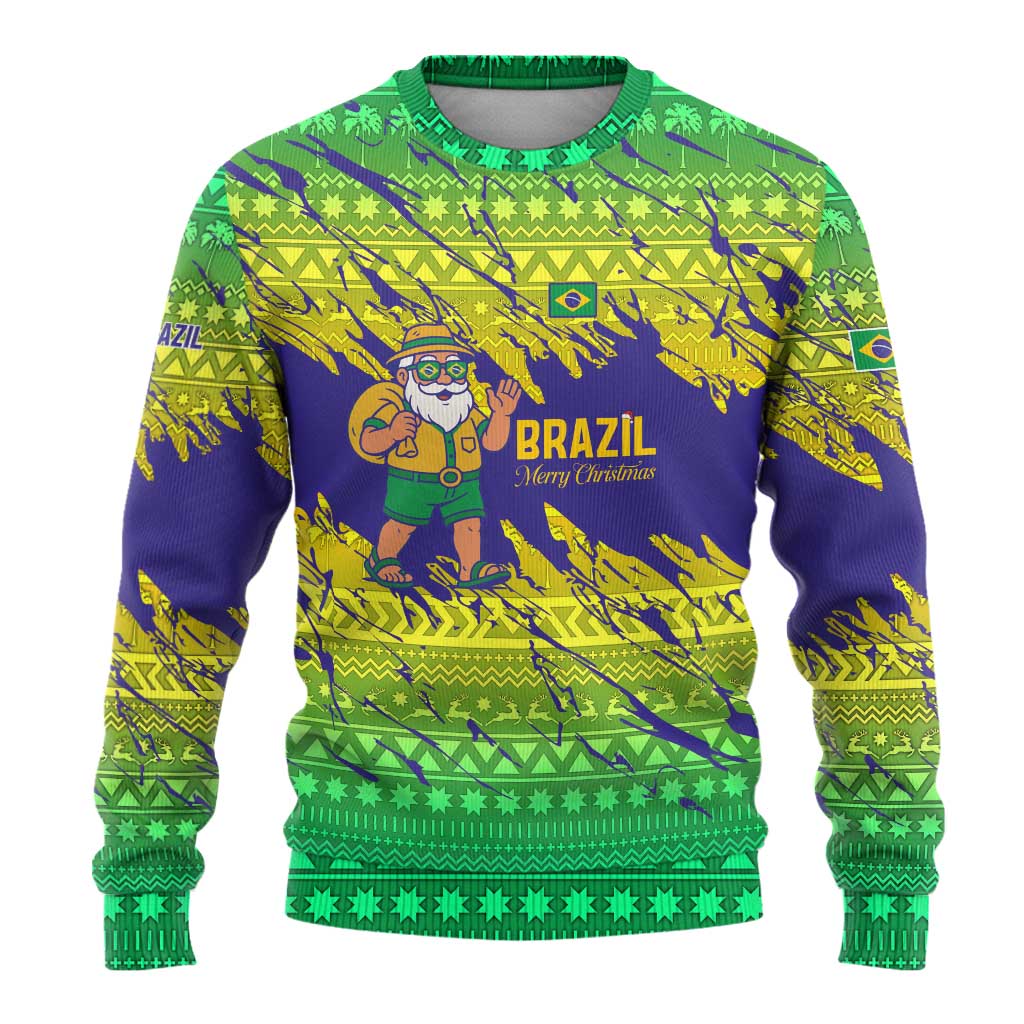 Brazil Christmas Ugly Christmas Sweater with Tropical Santa Tribal Pattern National Colors and Merry Christmas Text Design - Wonder Print Shop
