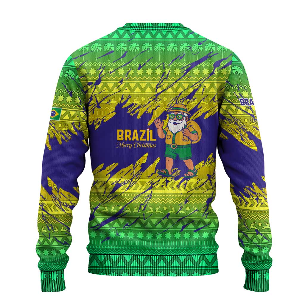 Brazil Christmas Ugly Christmas Sweater with Tropical Santa Tribal Pattern National Colors and Merry Christmas Text Design - Wonder Print Shop