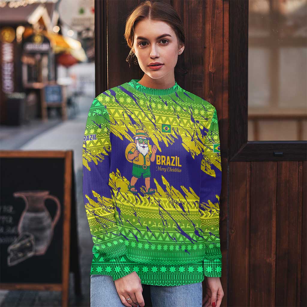 Brazil Christmas Ugly Christmas Sweater with Tropical Santa Tribal Pattern National Colors and Merry Christmas Text Design - Wonder Print Shop