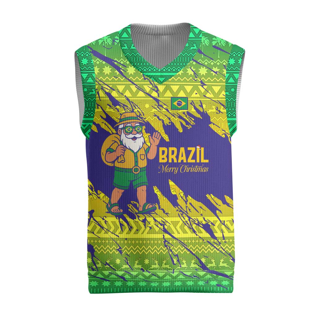 Brazil Christmas Knitted V-Neck Vest with Tropical Santa Tribal Pattern National Colors and Merry Christmas Text Design - Wonder Print Shop