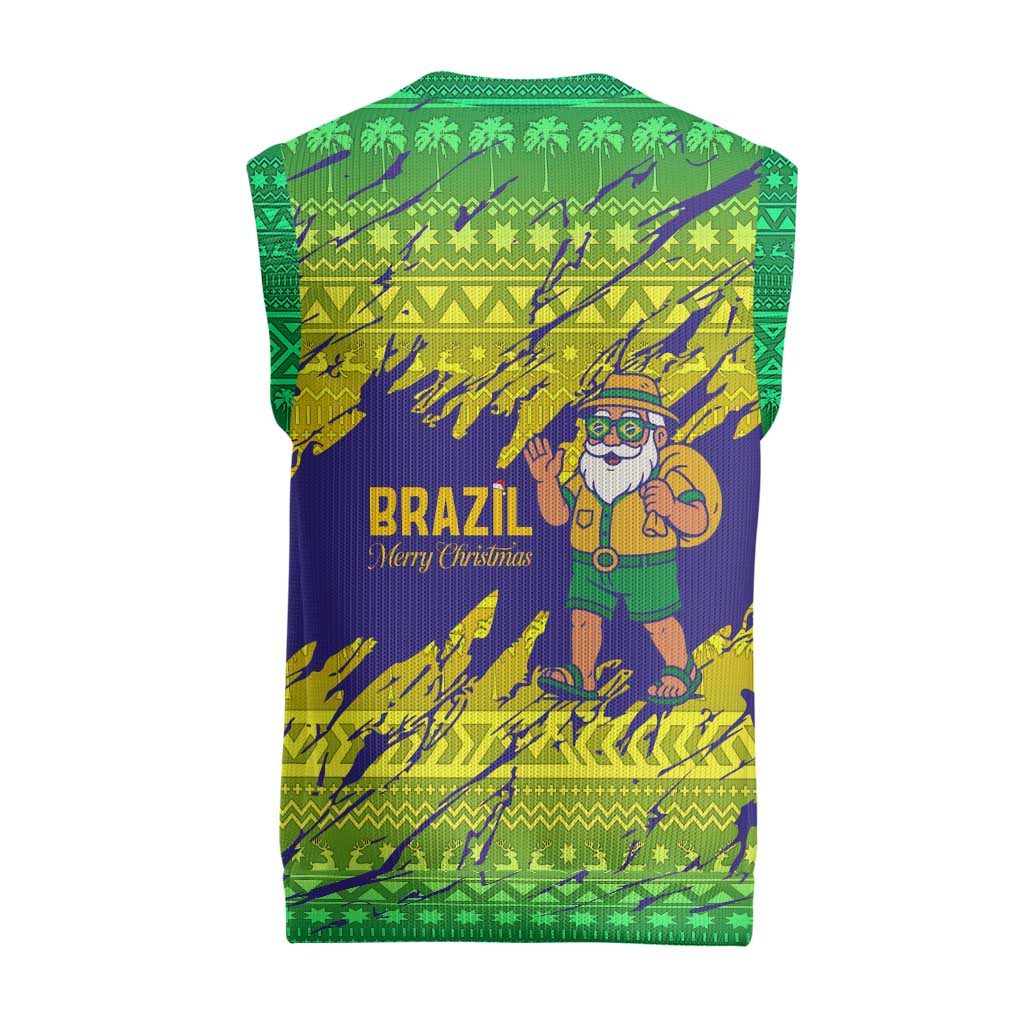 Brazil Christmas Knitted V-Neck Vest with Tropical Santa Tribal Pattern National Colors and Merry Christmas Text Design - Wonder Print Shop