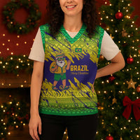 Brazil Christmas Knitted V-Neck Vest with Tropical Santa Tribal Pattern National Colors and Merry Christmas Text Design - Wonder Print Shop