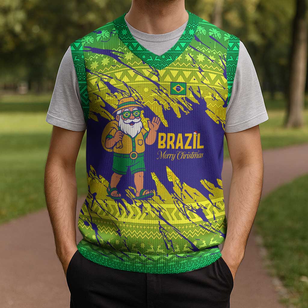 Brazil Christmas Knitted V-Neck Vest with Tropical Santa Tribal Pattern National Colors and Merry Christmas Text Design - Wonder Print Shop