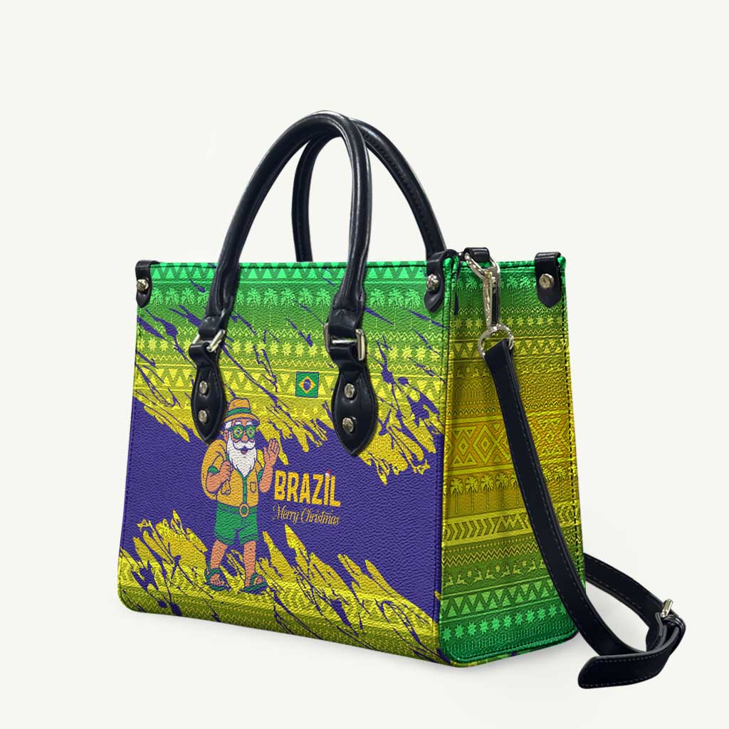 Brazil Christmas Leather Bag with Tropical Santa Tribal Pattern National Colors and Merry Christmas Text Design - Wonder Print Shop
