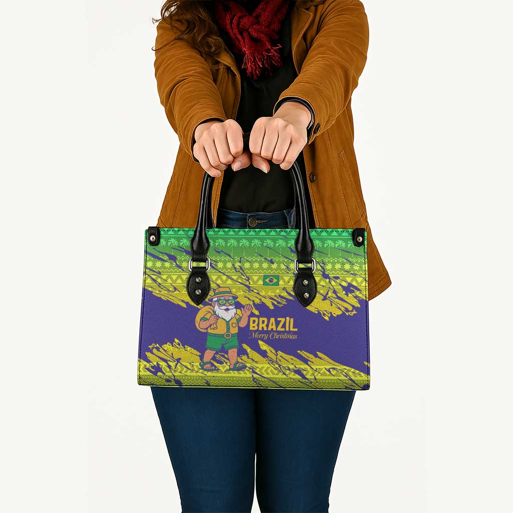 Brazil Christmas Leather Bag with Tropical Santa Tribal Pattern National Colors and Merry Christmas Text Design - Wonder Print Shop