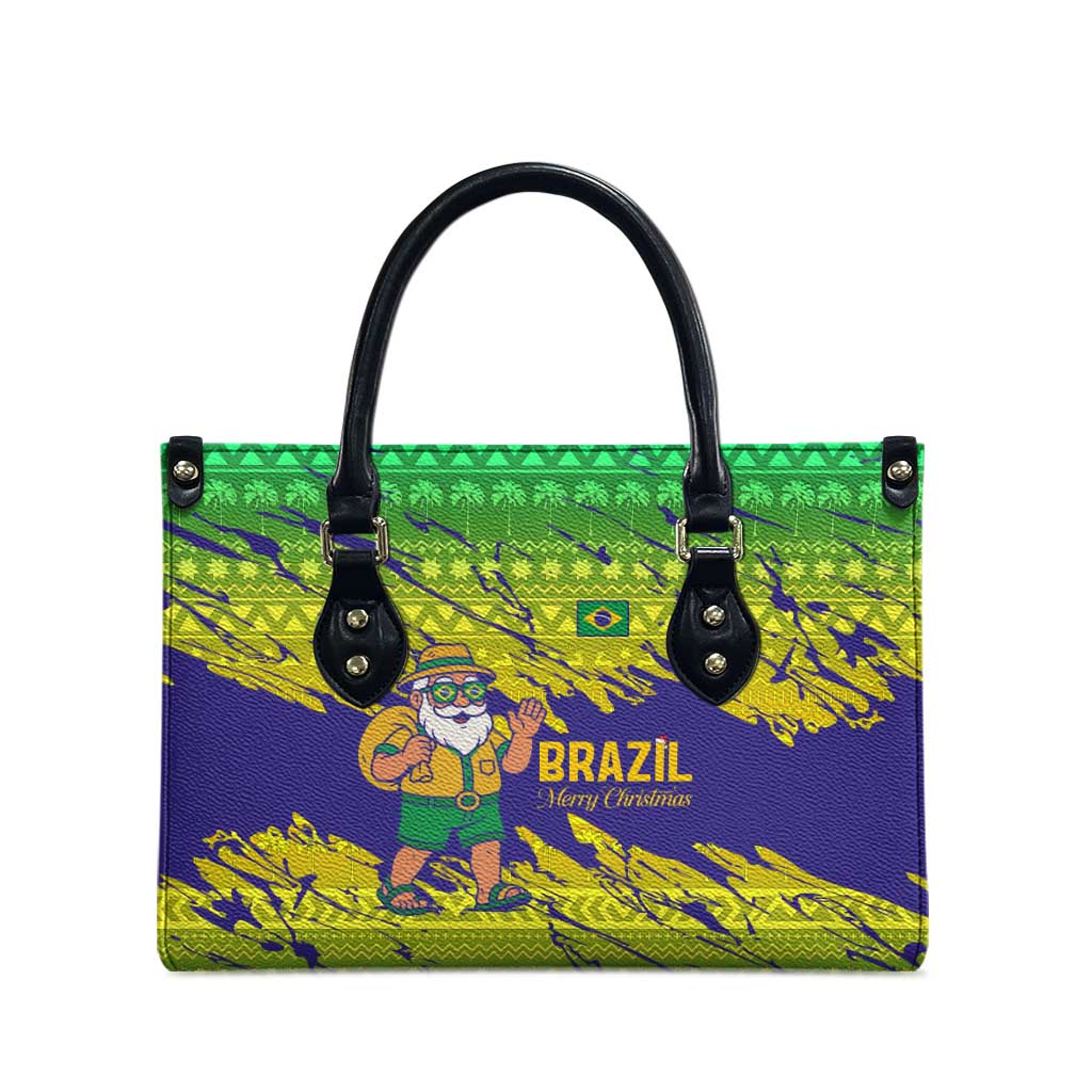 Brazil Christmas Leather Bag with Tropical Santa Tribal Pattern National Colors and Merry Christmas Text Design - Wonder Print Shop