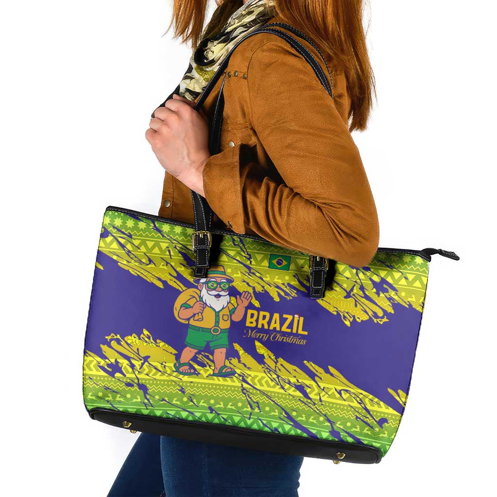 Brazil Christmas Leather Tote Bag with Tropical Santa Tribal Pattern National Colors and Merry Christmas Text Design - Wonder Print Shop