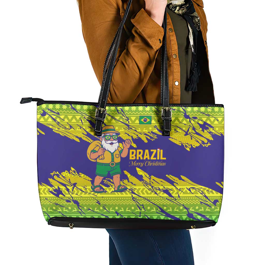 Brazil Christmas Leather Tote Bag with Tropical Santa Tribal Pattern National Colors and Merry Christmas Text Design - Wonder Print Shop