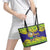Brazil Christmas Leather Tote Bag with Tropical Santa Tribal Pattern National Colors and Merry Christmas Text Design - Wonder Print Shop