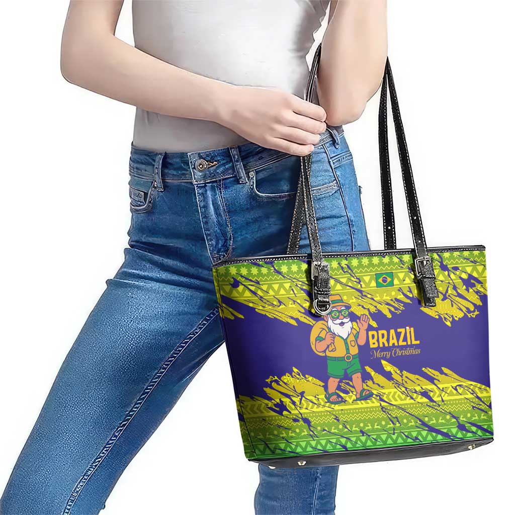 Brazil Christmas Leather Tote Bag with Tropical Santa Tribal Pattern National Colors and Merry Christmas Text Design - Wonder Print Shop