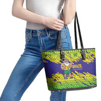 Brazil Christmas Leather Tote Bag with Tropical Santa Tribal Pattern National Colors and Merry Christmas Text Design - Wonder Print Shop