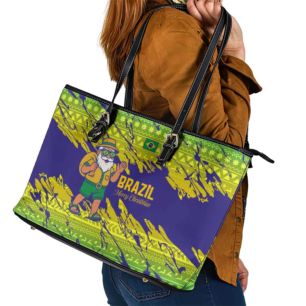 Brazil Christmas Leather Tote Bag with Tropical Santa Tribal Pattern National Colors and Merry Christmas Text Design - Wonder Print Shop