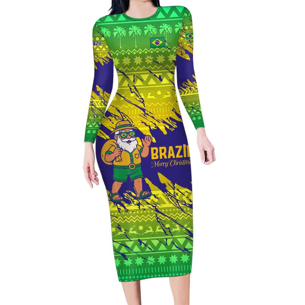 Brazil Christmas Long Sleeve Bodycon Dress with Tropical Santa Tribal Pattern National Colors and Merry Christmas Text Design - Wonder Print Shop