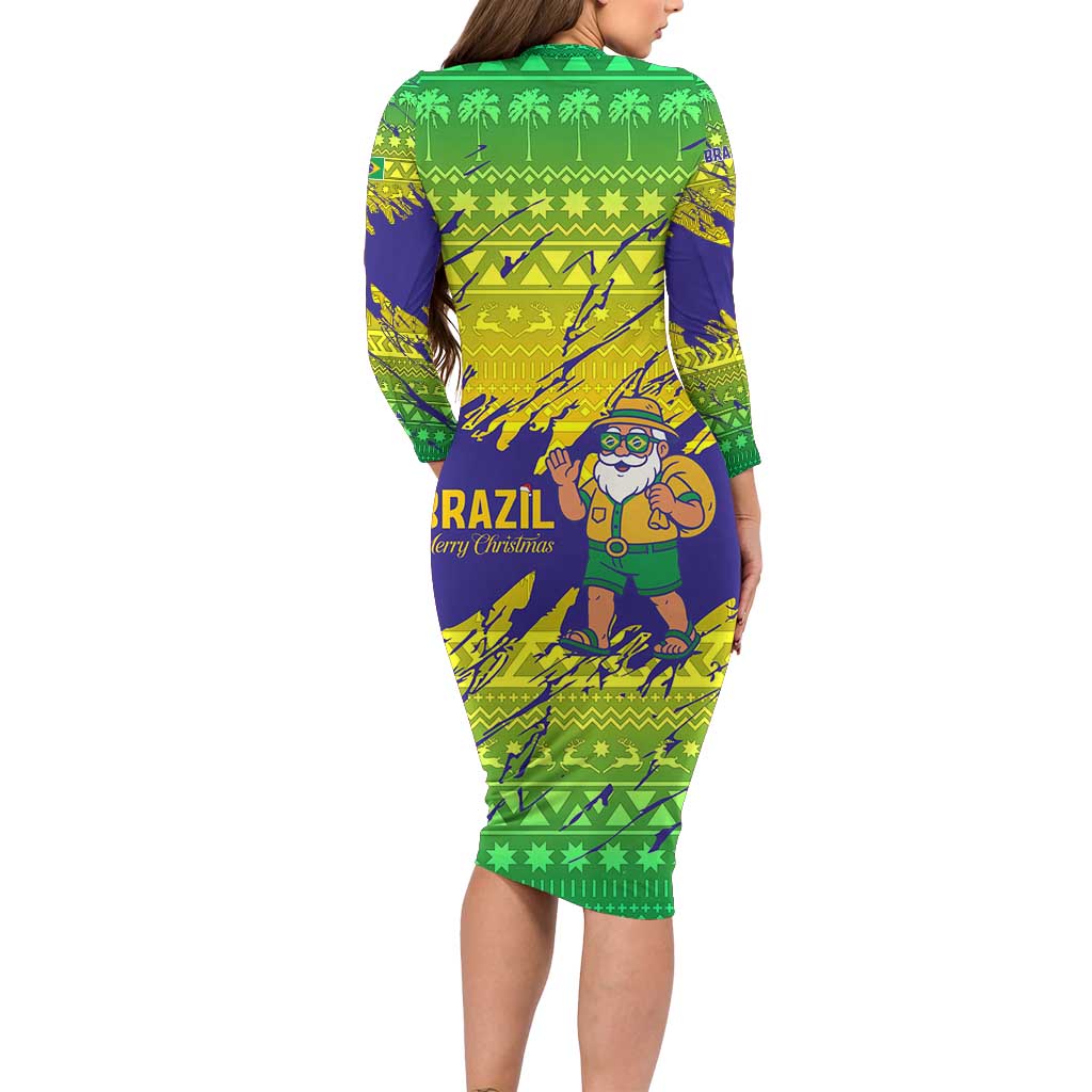Brazil Christmas Long Sleeve Bodycon Dress with Tropical Santa Tribal Pattern National Colors and Merry Christmas Text Design - Wonder Print Shop