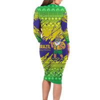 Brazil Christmas Long Sleeve Bodycon Dress with Tropical Santa Tribal Pattern National Colors and Merry Christmas Text Design - Wonder Print Shop