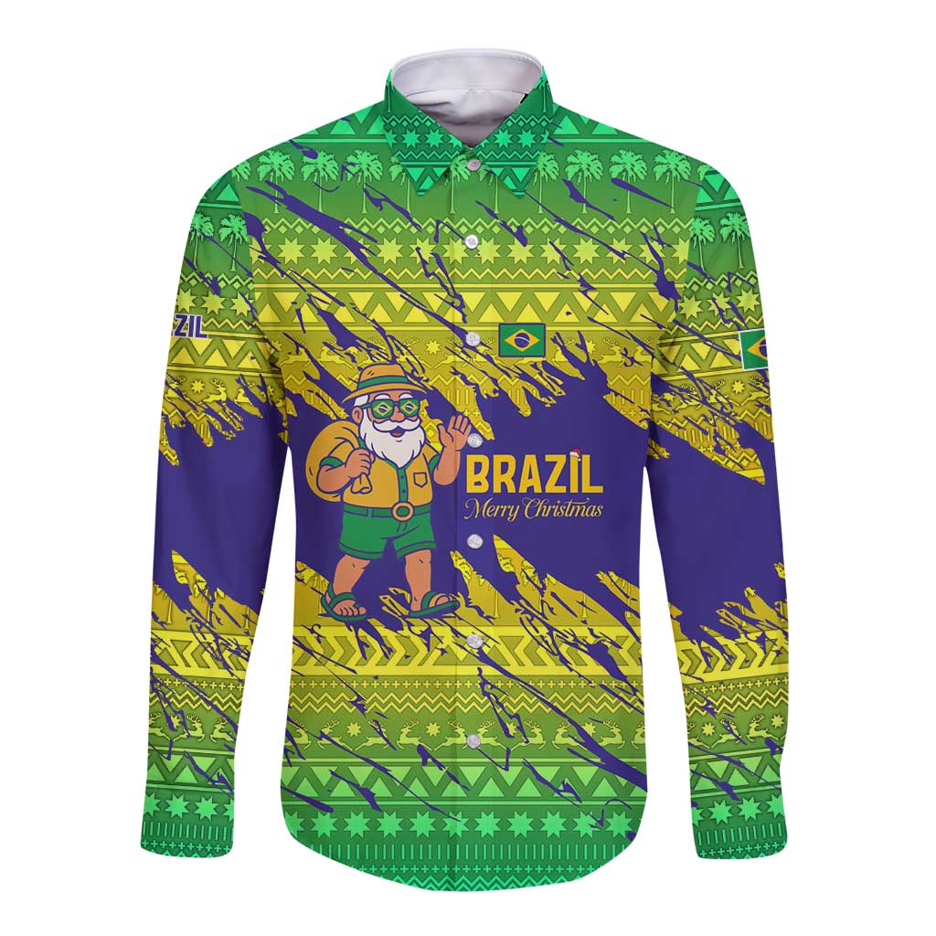 Brazil Christmas Long Sleeve Button Shirt with Tropical Santa Tribal Pattern National Colors and Merry Christmas Text Design - Wonder Print Shop