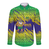 Brazil Christmas Long Sleeve Button Shirt with Tropical Santa Tribal Pattern National Colors and Merry Christmas Text Design - Wonder Print Shop