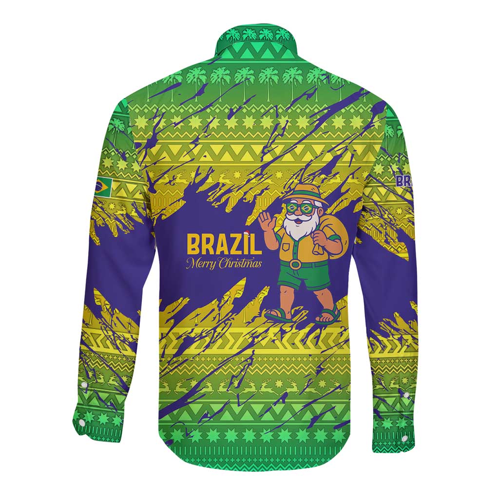 Brazil Christmas Long Sleeve Button Shirt with Tropical Santa Tribal Pattern National Colors and Merry Christmas Text Design - Wonder Print Shop