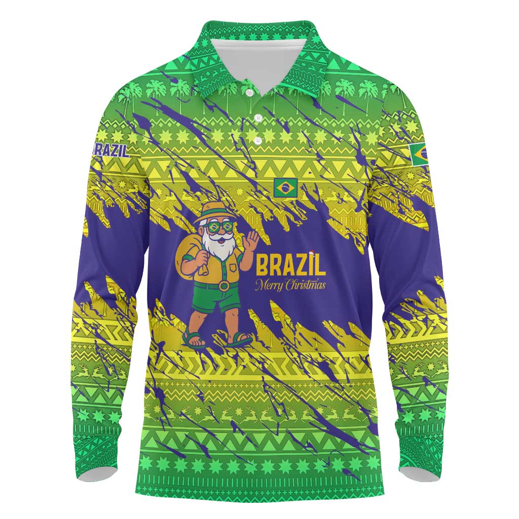 Brazil Christmas Long Sleeve Polo Shirt with Tropical Santa Tribal Pattern National Colors and Merry Christmas Text Design - Wonder Print Shop