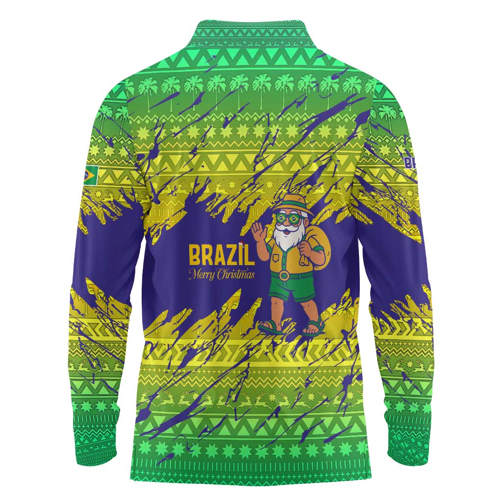 Brazil Christmas Long Sleeve Polo Shirt with Tropical Santa Tribal Pattern National Colors and Merry Christmas Text Design - Wonder Print Shop