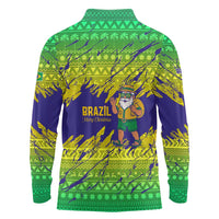 Brazil Christmas Long Sleeve Polo Shirt with Tropical Santa Tribal Pattern National Colors and Merry Christmas Text Design - Wonder Print Shop